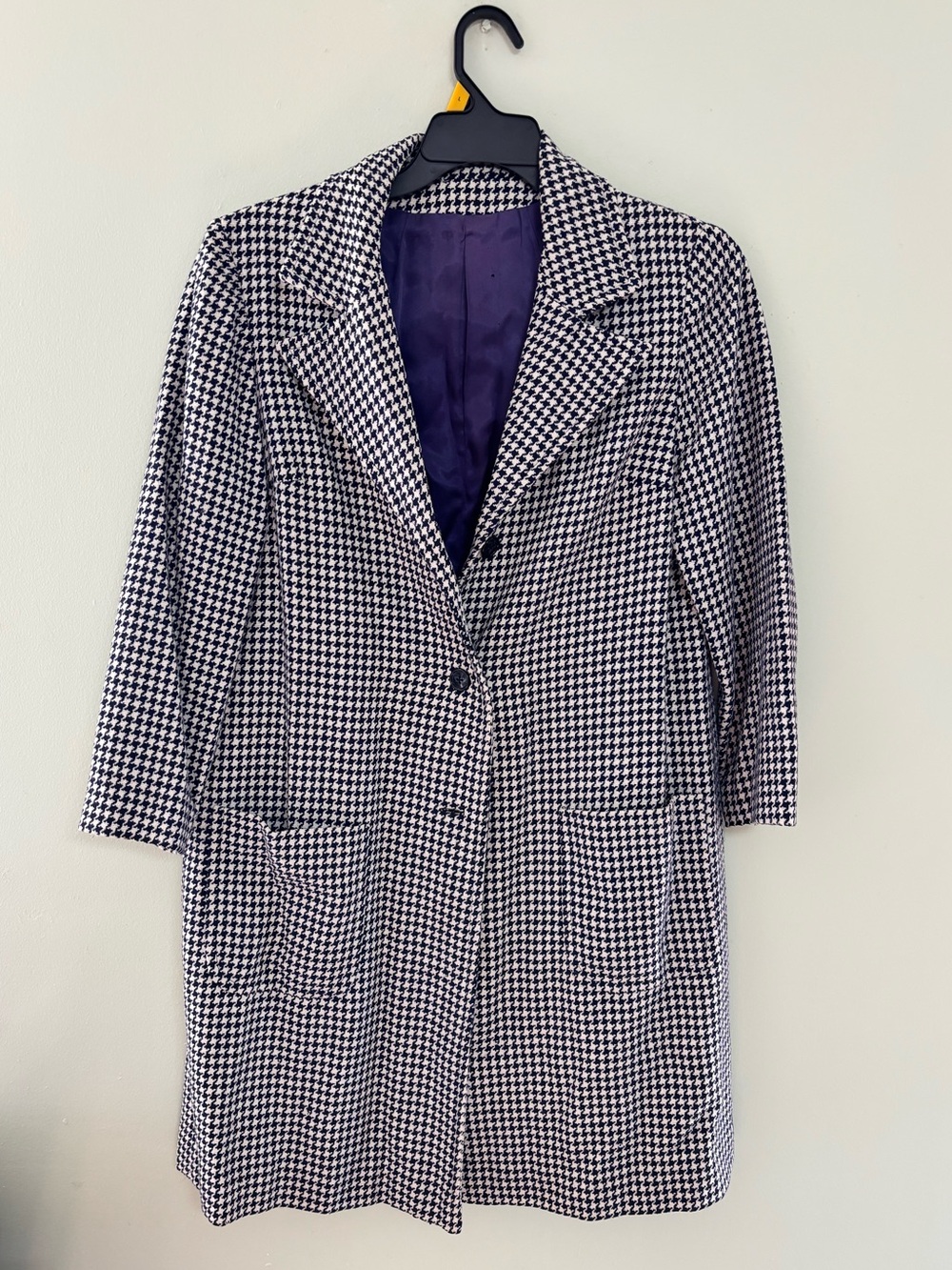 Vintage Ladies Houndstooth Long Blazer Coat - Navy & White